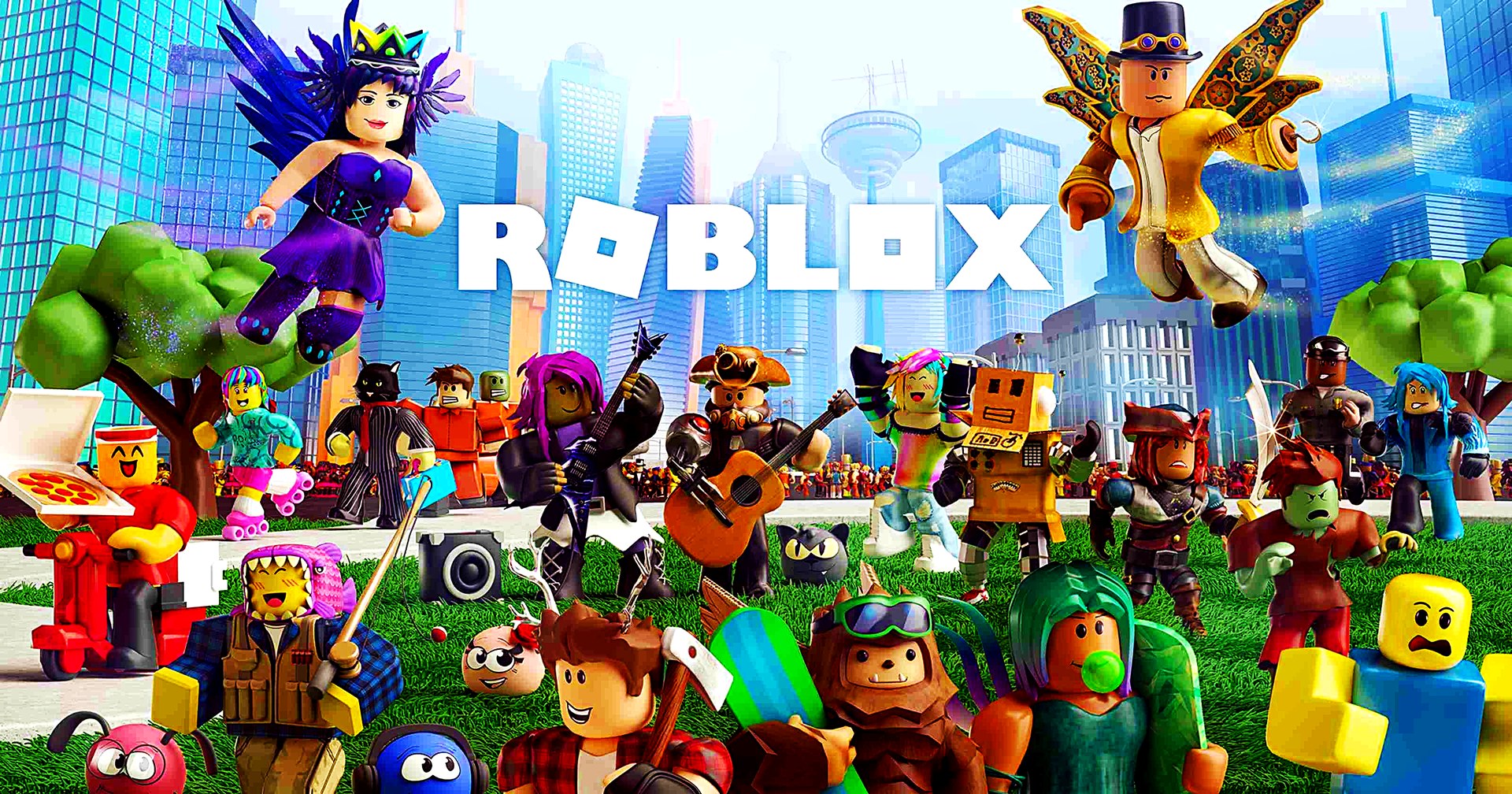 A crowd of Roblox characters in a sunny city park